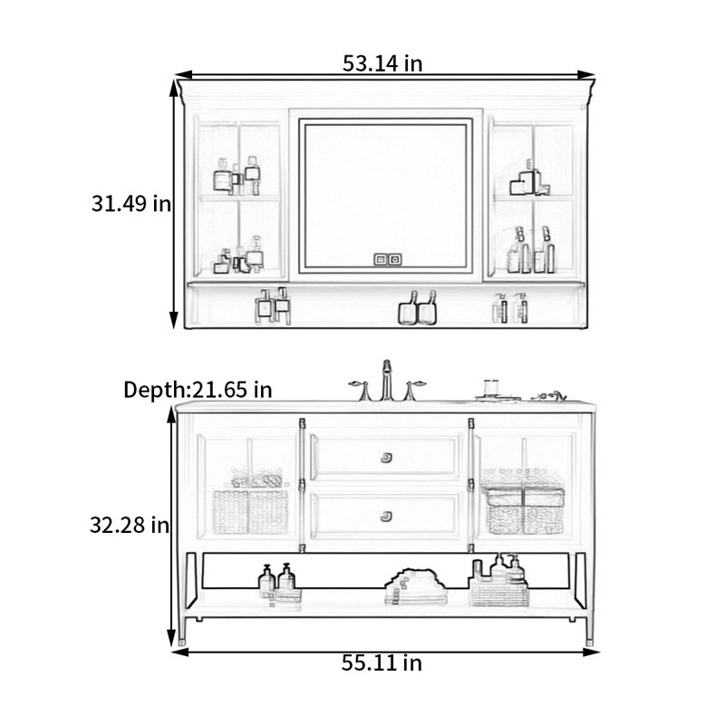 Armoire de salle de bain style français, H 32,28 po x l 55,11 po x P 21,65 po