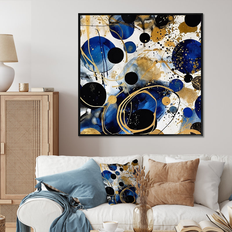 Motif abstrait avec textures bleues et dorées - impression, Cadre flottant noir, H 24 po x l 24 po x P 1 po