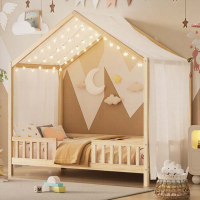 House Shape Wood Floor Bed with Canopy