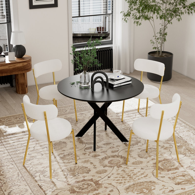 Ensemble de salle à manger à piédestal rond avec chaise Teddy, 4, Noir, Blanc / Doré