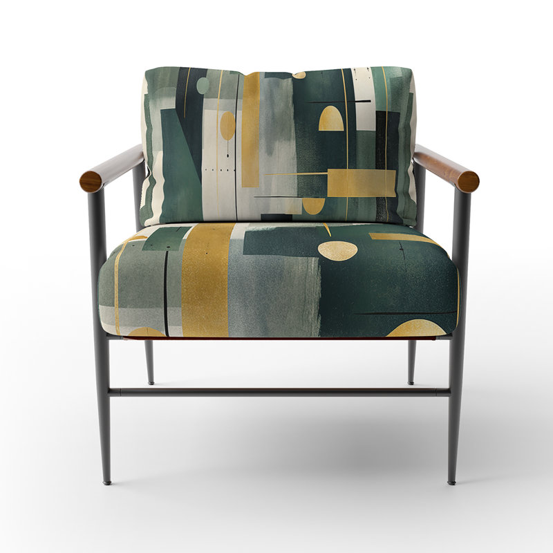 Gold Green Parallel Universes - Velvet Upholstered Modern Arm Chair, Geometric Shapes Accent Chair, Black