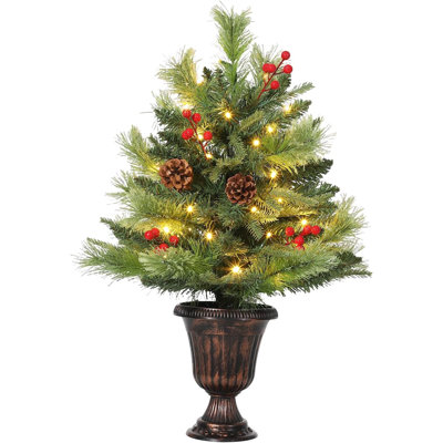 2ft Small Artificial Christmas Tree with 40 Warm White LED Lights, Pine Cones & Red Berries for Tabletop Indoor Outdoor Holiday Decor