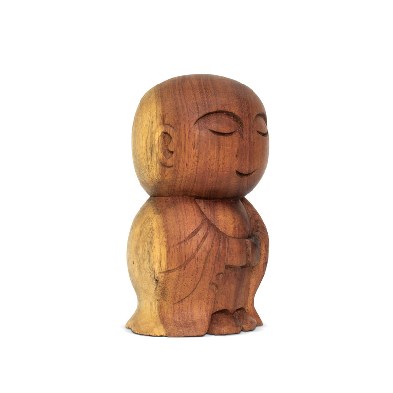 Figurine moine bouddha en bois - Sculpture zen souriante sculptée à la main, décor de méditation paisible
