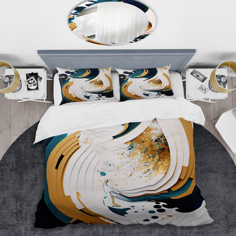 Ensemble de housse de couette en microfibre / polyester bleu et or, peinture abstraite moderne VII