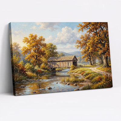 " Covered Bridge Over River In Autumn " Painting Print