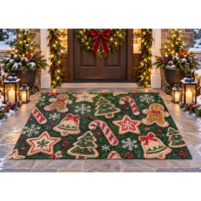 5' x 7' Outdoor Area Rug Gingerbread Cookies Candy Cane Christmas Heavyweight Waterproof PVC Coil Loop Carpet, Heavy Duty Patio Rug, Quick Dry Indoor Outdoor Mat for Porch Deck Balcony Entryway