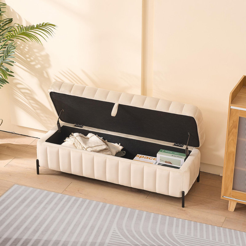 49.21" Wide Upholstered Velvet Storage Soft Bench Footstool Ottoman End Of Bed With Metal Legs, Foot Rest For Living Room, Entryway And Bedroom. Beige