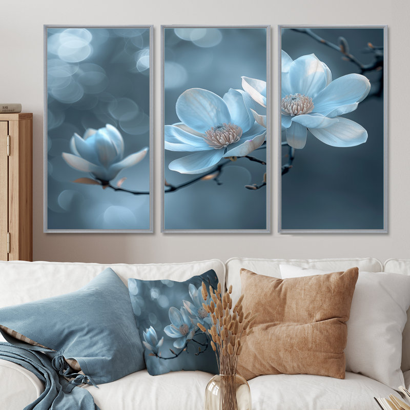 Blanc, gris, nuit, nirvana, magnolia photo I - ensemble d'art mural Magnolias, Toile argentée avec cadre flottant