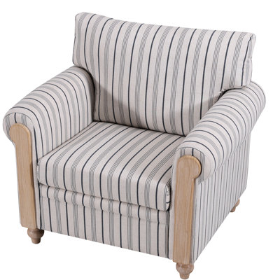 Fauteuil à rayures bleues et blanches, accoudoirs arrondis, dossier confortable garni de coton PP, siège en mousse à ressorts, coussin amovible, structure multicouche en bois massif, pieds en bouleau, profondeur 77,1 cm (30,37 po) *