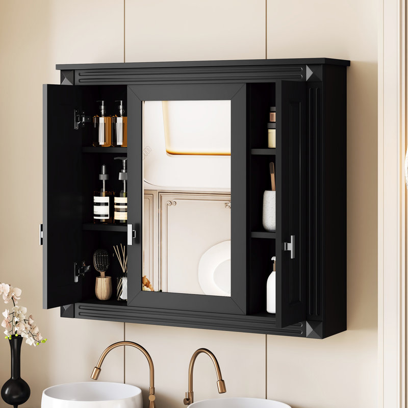 Bathroom Wall Cabinet With Mirror, 5 Shelves, 3 Doors, Mounted, Modern Style, Waterproof And - Proof, Mounted Medicine Adjustable Black Color, Definition Suitable For Bedroom