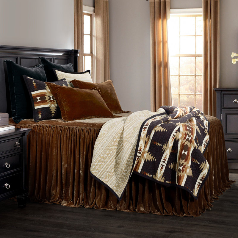 Stella Faux Silk Velvet Romantic Western Ruffle Skirt Bedspread Set, Copper Brown, Twin Bedspread + 1 Standard Sham