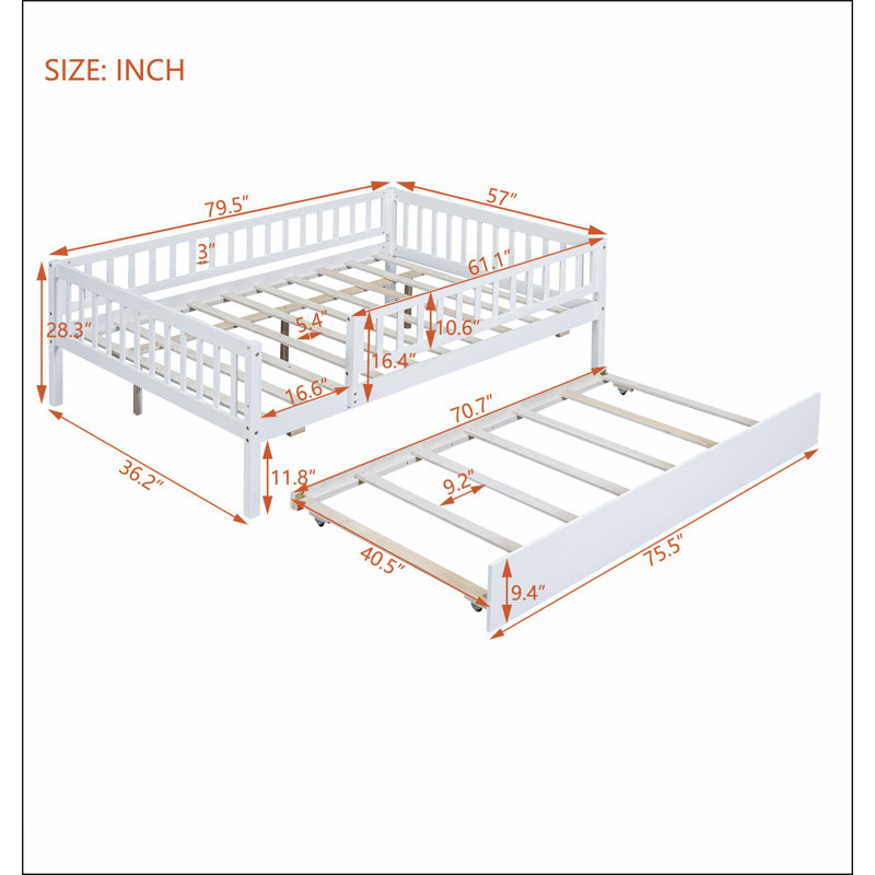 Wood Daybed with Trundle and Fence Guardrails, Full, White
