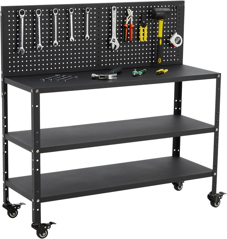 Établi en acier robuste avec panneau perforé, capacité de 200 lb et 3 tablettes de rangement pour le garage