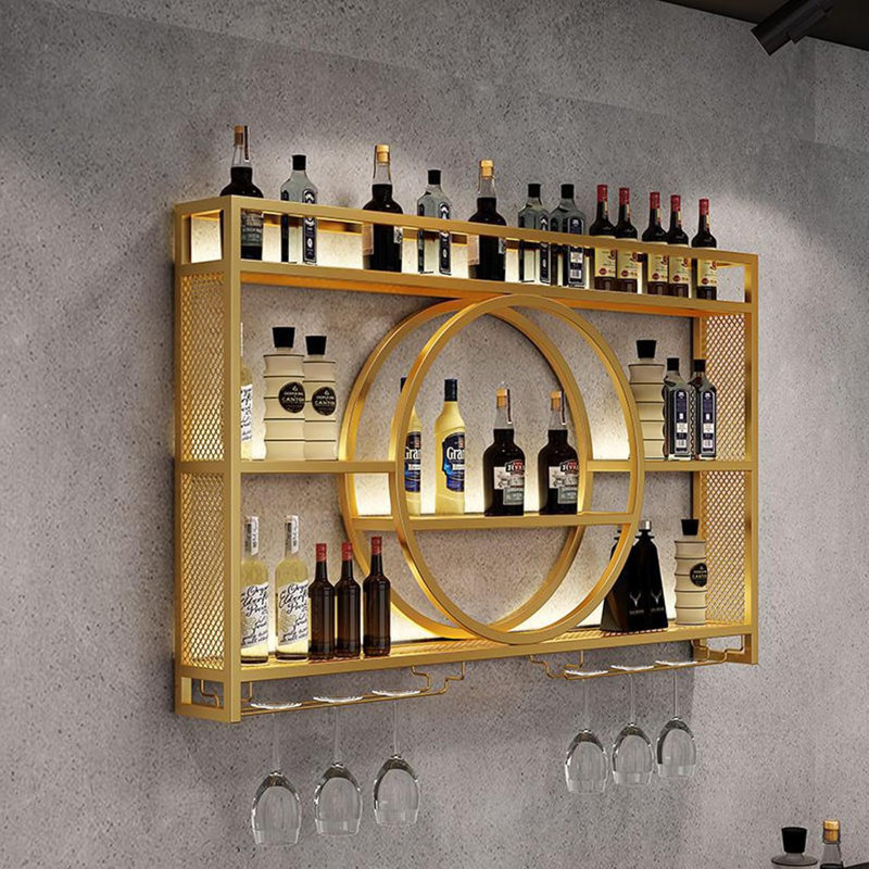 Metal Wine Rack Wall Mounted With LED Light, 3-Tier Bar Liquor Shelf With Wine Glass Holder, Modern Large Capacity Liquor Bottle Display Storage Shelf For Home Bar, Dining Room(Gold, 100 * 80 * 15)