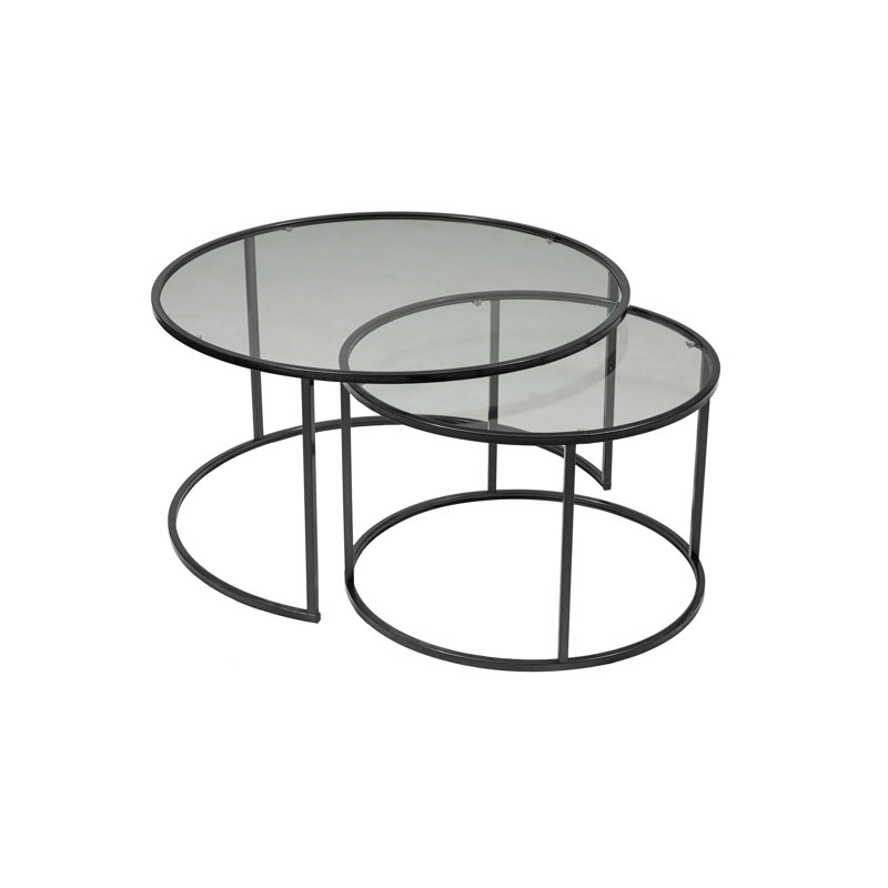Modern Coffee Table Set (2 Pieces), Black Tempered Glass & Metal Frame, Small Table: 23.6 x 15.4 x 23.6 inches | Large Table: 31.5 x 16.9 x 31.5 inches | Industrial Style, Durable Design for Living Room & Lounge Spaces