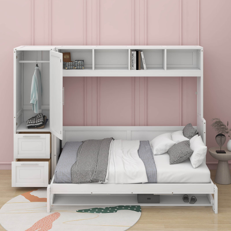 Lit escamotable double avec placard et tiroirs, Blanc