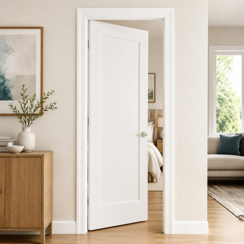 Ensemble de porte de garde-manger blanc à panneau simple avec cadre et poignée levier argenté, porte intérieure moulée pré-compatible