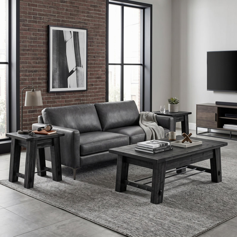 Solid Wood 3-Piece Living Room Coffee Table & End Table Set, Black