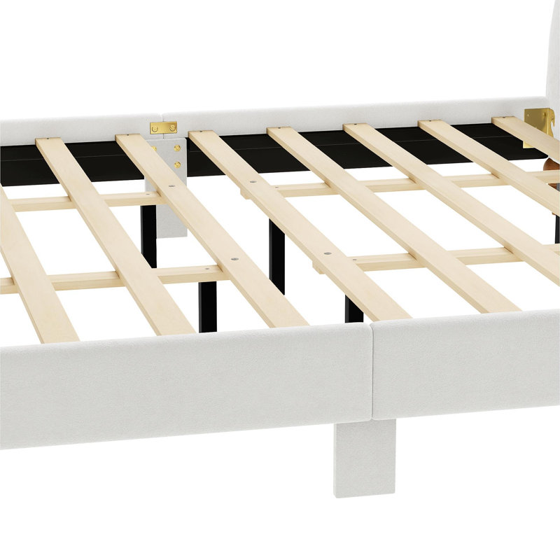 Structure de lit tapissier très grand en velours, cadre de lit plateforme avec tête de lit et pied de lit courbé capitonné, support de lattes en bois, aucun sommier nécessaire, beige