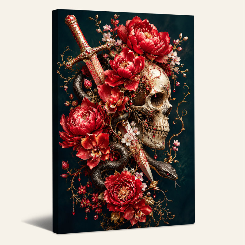 Ornement de crâne avec fleurs rouges et épée, art mural d'Halloween, H 30 po x l 20 po
