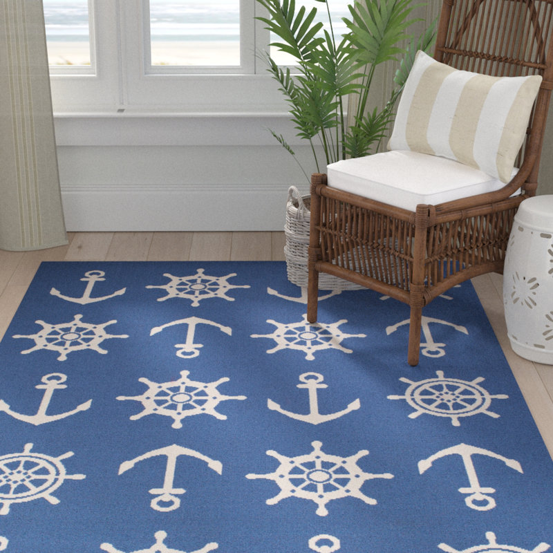 Tapis intérieur / extérieur en polypropylène tissé à la machine rectangulaire bleu / blanc Jessa