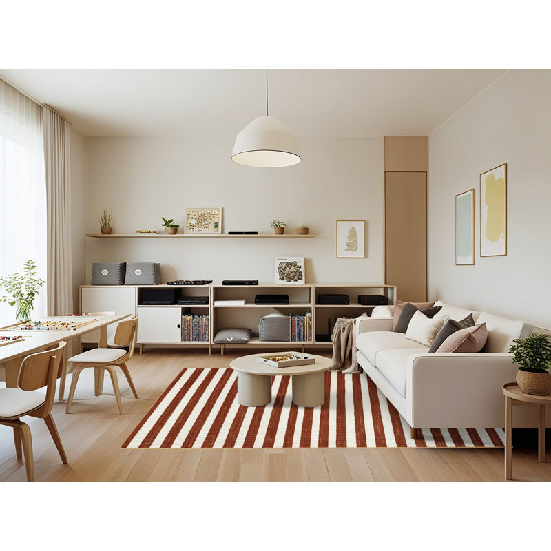 Tapis brun à rayures horizontales lavable à la machine, Rectangle 7 pi x 9 pi