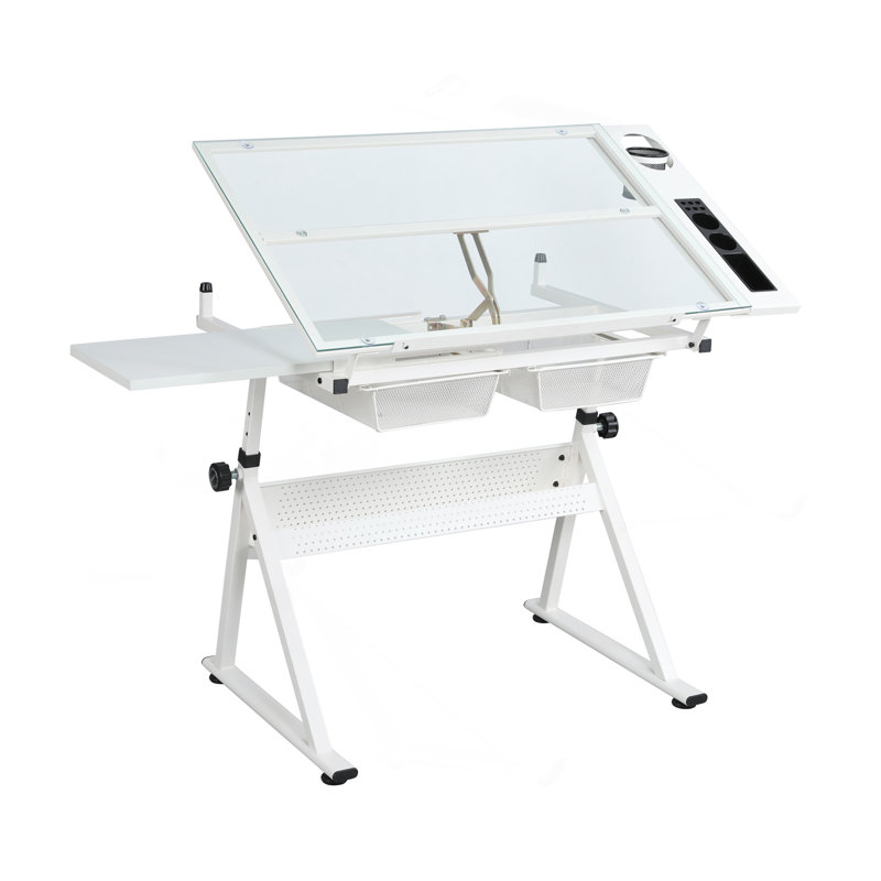 WHITE Adjustable Tempered Glass Drafting Printing Table With Chair, White