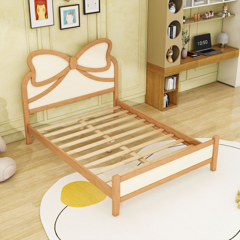 Lit plateforme en bois avec tête de lit, Lit double, Naturel beige