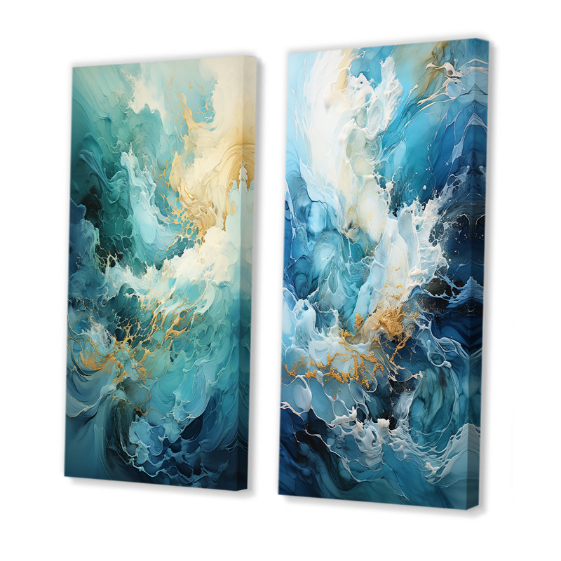 «Modern Blue Goldn Wave Symphony I - Abstract Modern Waves», ensemble de 2 reproductions d'art sur toile, H 28 po x l 25 po