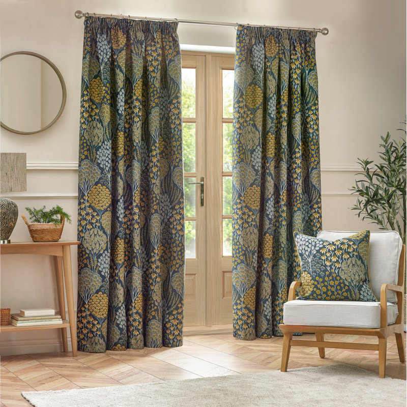 Ophelia Floral Jacquard Pencil Pleat Curtains, Navy, 117cm Width x 137cm Drop