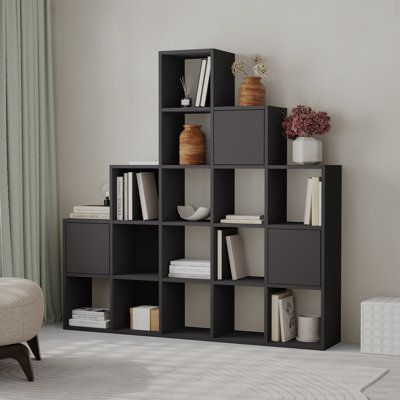 Anyila Corner Bookcase with Modular Cube Design Open and Concealed Shelves Push-to-Open Doors Modern Ladder-Style