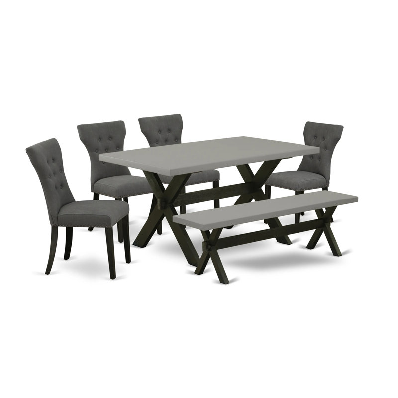 6 Piece Dining Set Contains a Rectangle Dining Room Table with X-Legs and 4 Dark Gotham Linen Fabric Parson Chairs with a Bench, Wire brushed Black