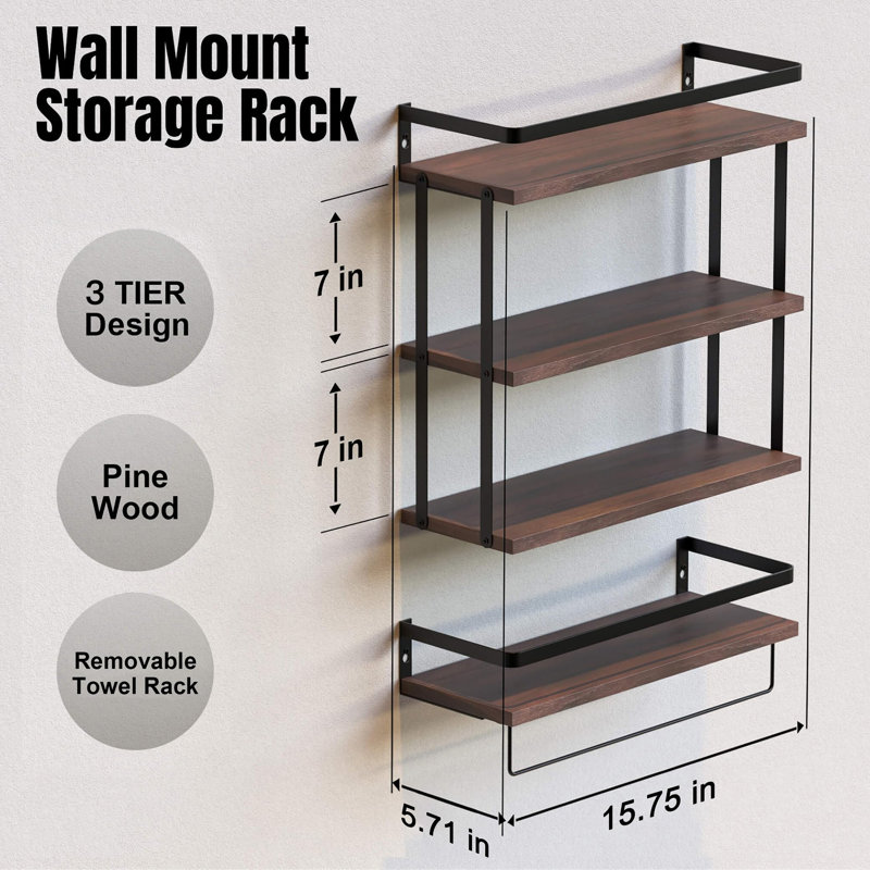 3 Piece Floating Shelf with Towel Bar, Dark Brown