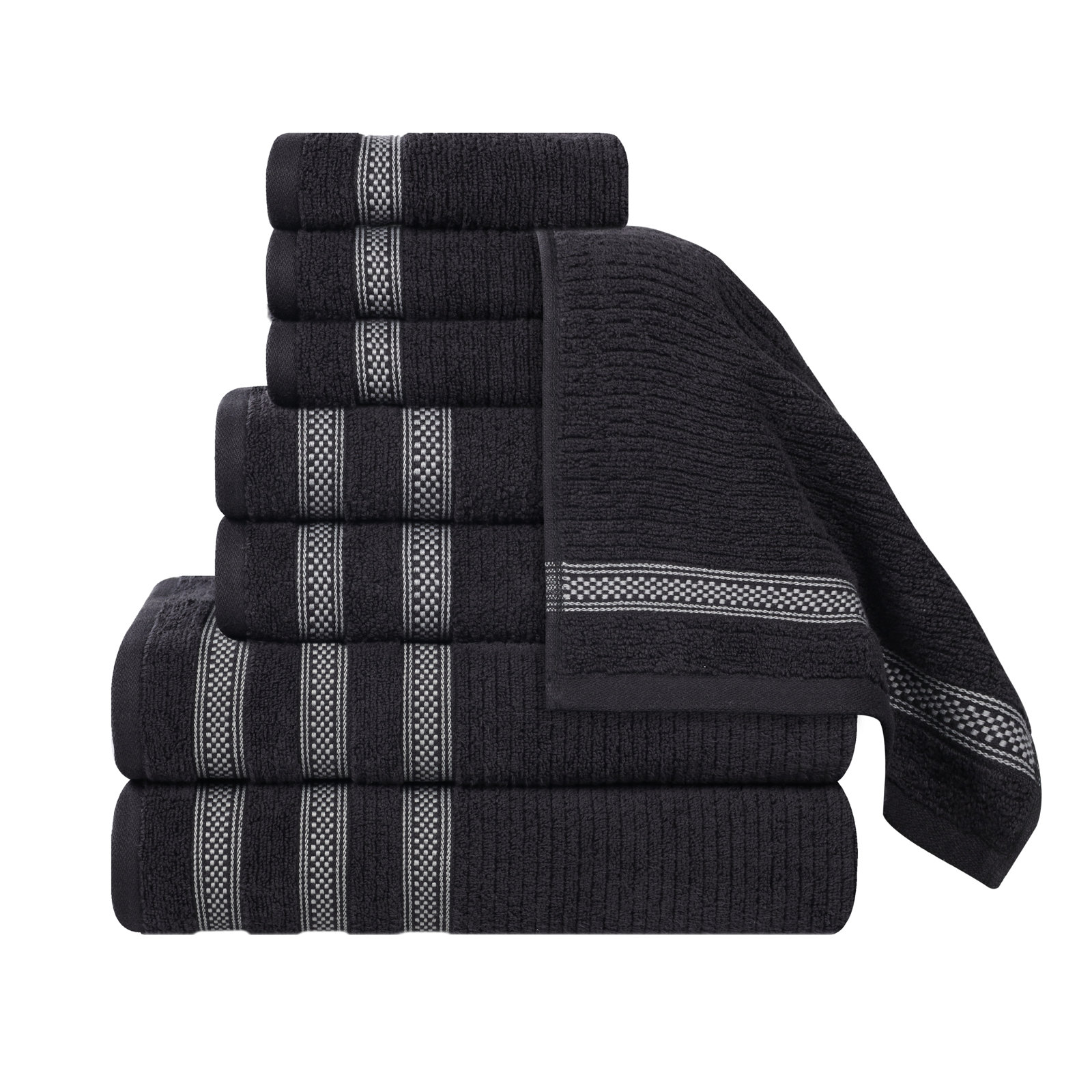 9-Piece Geometric Zero-Twist Cotton Towel Set, Black, 8PCs set: (4 Face, 2 Hand & 2 Bath Towels)