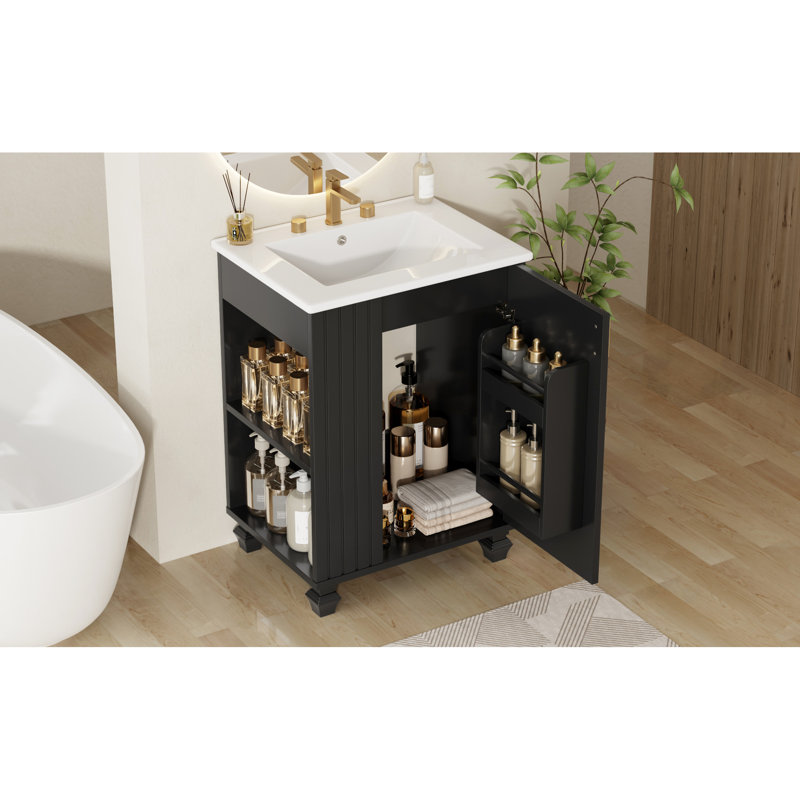 Meuble-lavabo de salle de bain au design classique de 61 cm (24 po) avec poignées en métal élégantes, charnières à fermeture douce, espace sous lavabo et préperçage pour robinetterie. Pieds en pin de 61 cm (24 po), panneaux, compartiments latéraux ouverts. Facile à manipuler.