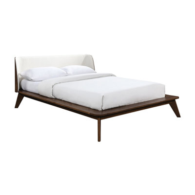 Queen Size Walnut Color Solid Wood Bed Frame, Mid - Century Modern Platform With Fabric Winged Edge Headboard, Tapered Leg, Mattress Ready Style Bed,