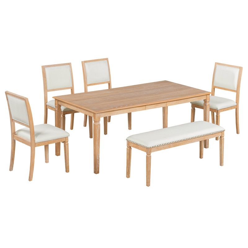 Vintage Extendable 6-Piece Dining Set with 4 Chairs and Bench, Natural