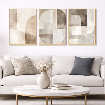 Beige Minimal Wall Art - Neutral Shapes in Balance – Abstract Minimalism Framed Wall Art Set of 3