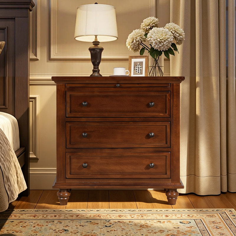 Albers Traditional 3-Drawer Nightstand with Pull-out Shelf and Solid Wood Legs, Brown, Individual