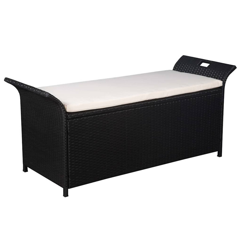 Banc de rangement en rotin PE noir de 138 cm (54,3 pouces), coussin crème, structure en acier, revêtement imperméable, pour terrasse extérieure