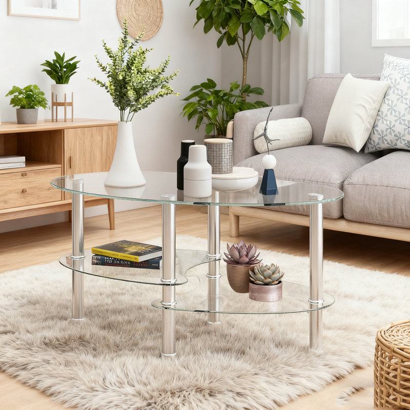 Table basse moderne ovale en verre noir pour le salon - Facile à nettoyer, multifonctionnelle, capacité de 220 lb, Noir, Brun