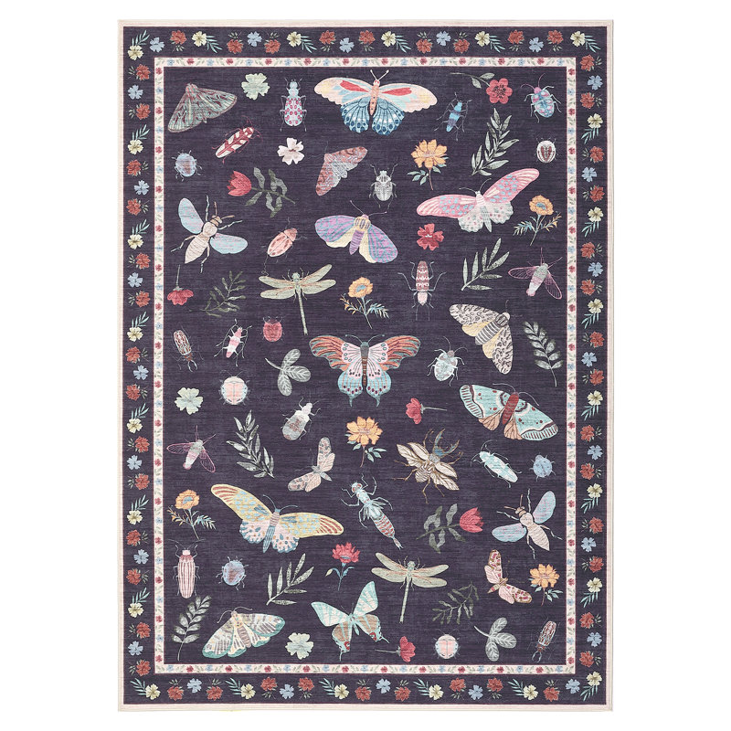 Insect Floral Area Rugs Modern Accent Carpet with Non-Slip Backing, Stain-Resistant Low Pile Floor Cover, Machine Washable Ultra-Soft Indoor Mat for Living Room, Bedroom, Kitchen