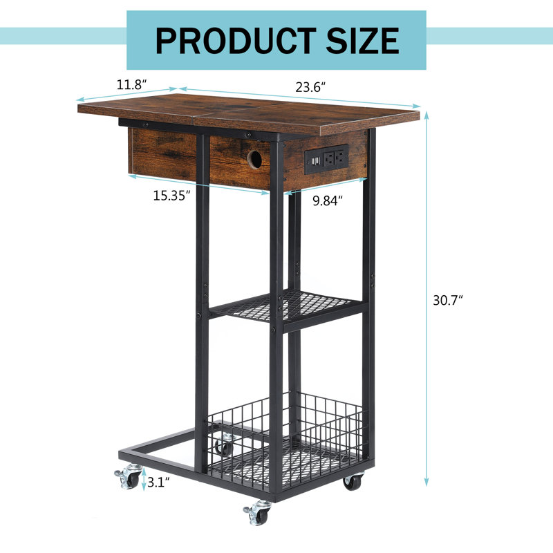 Table d'appoint, table de bout en C avec ports et prises USB, canapé avec tablette de rangement brun rustique