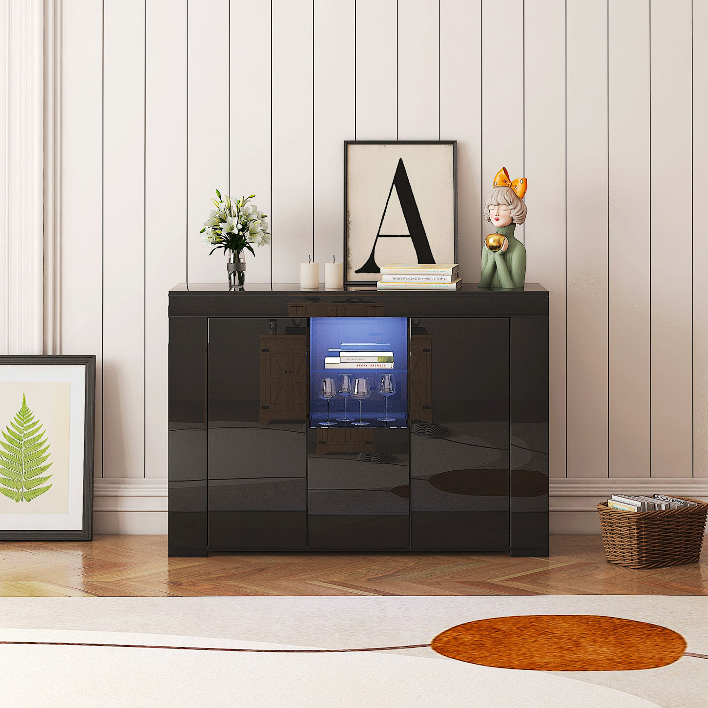 Mercer41 Kitchen Sideboard Cupboard With Led Light, High Gloss Dining