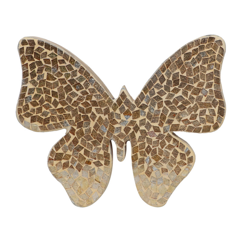 Stylish Butterfly Figurine Crafted from Wood, Glass, and Mango Wood with Intricate Mosaic Design for Elegant Decorative Accent