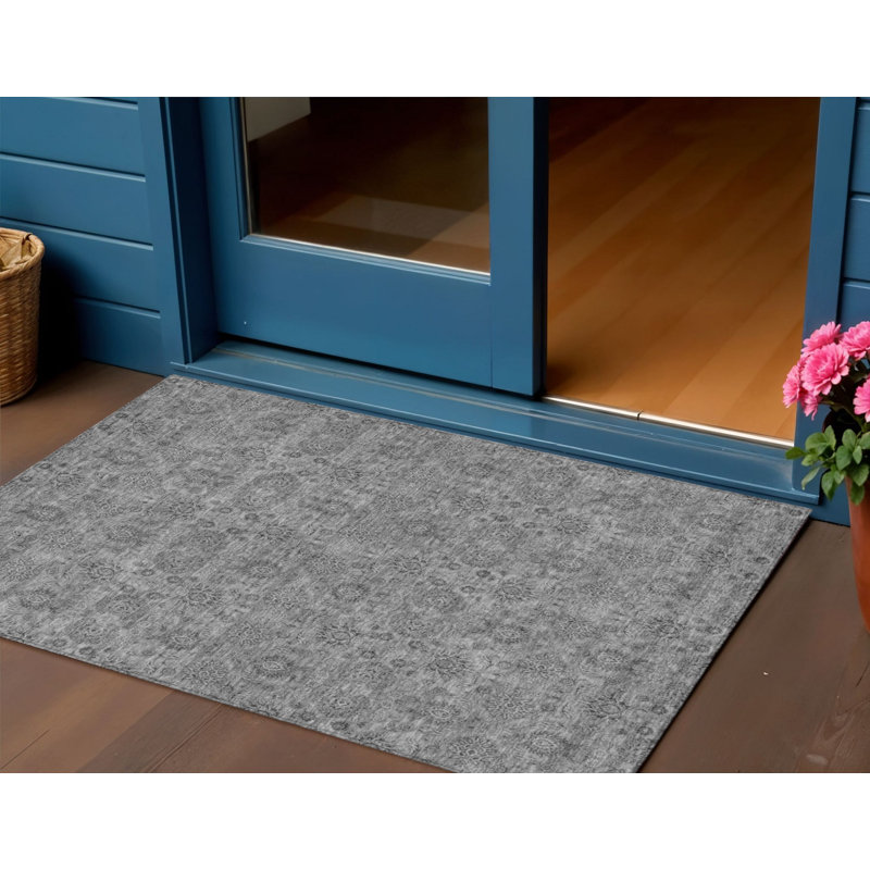 3' X 5' Gray Silver And Charcoal Floral Washable Indoor Outdoor Area Rug