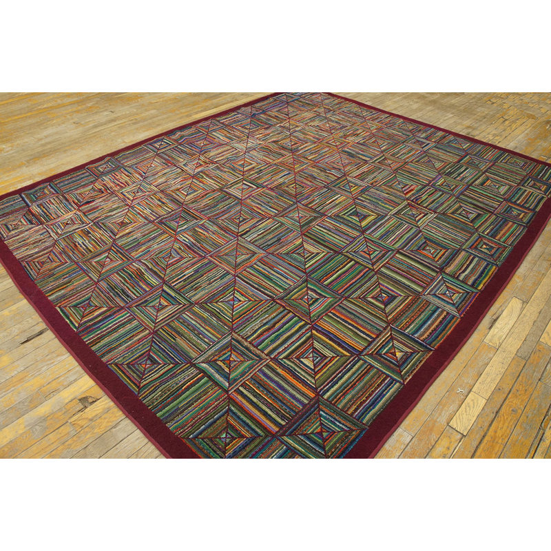 Colorful Geometric Log Cabin Squares Antique American Hooked Rug