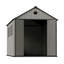 Gray wood-grain pointed-roof plastic tool shed