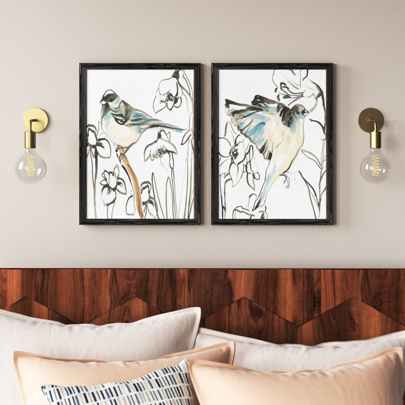 Songbird Meadow - 2 Piece Picture Frame Painting Set, 24" H x 18" W, Picture Framed Canvas, Ebony