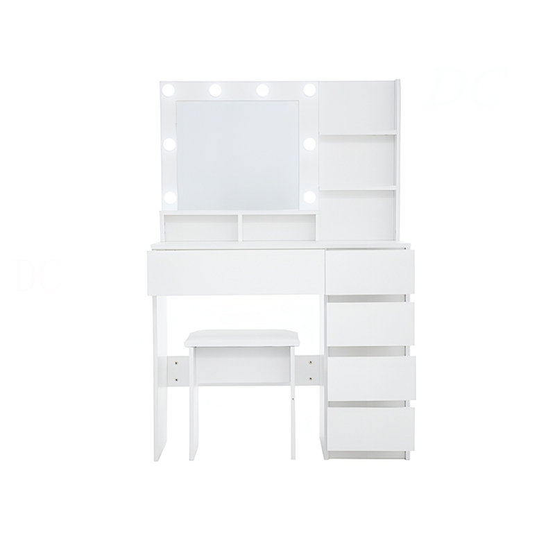 Coiffeuse, ensemble de coiffeuse avec miroir et lumière, beaucoup de rangement pour coiffeuse, 3 modes d'éclairage avec luminosité réglable, blanc avec tabouret